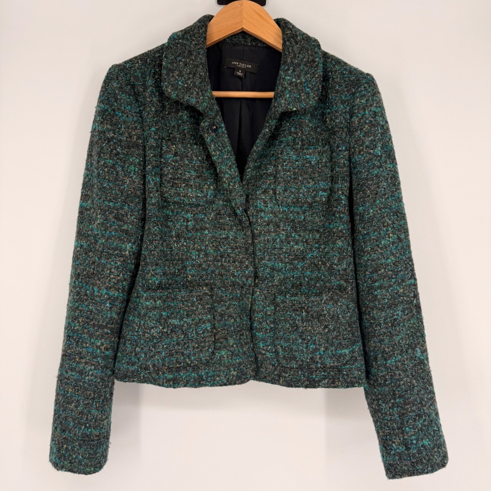 Ann Taylor Women 4 Jacket Wool Blend Tweed Teal Green Textured Blazer